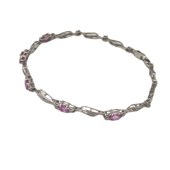 10k White Gold & Pink Sapphire Bracelet with Diamond Illusions 7” - Picture 10 of 10